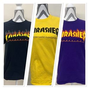 (3) THRASHER Magazine Men’s T-Shirt Small Blk Prpl Ylw Flames Skateboard Charity